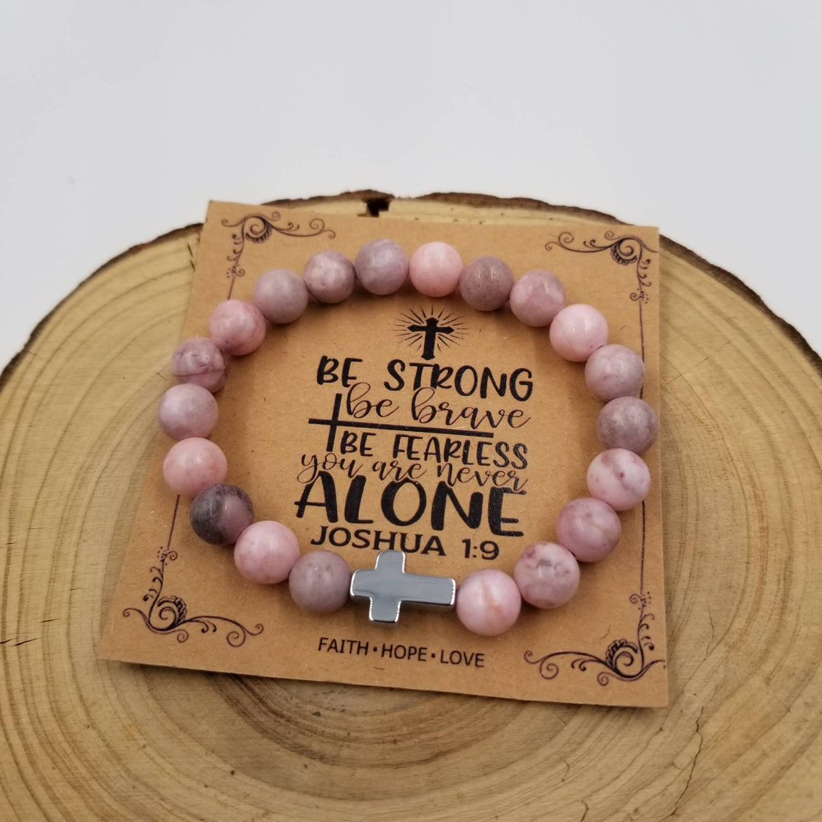 Natural Pink Opal Beads Faith Cross Bracelet