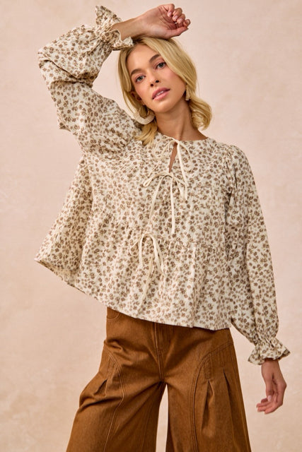 New BIBI Brown floral Cream Size S Long Sleeve Blouse
