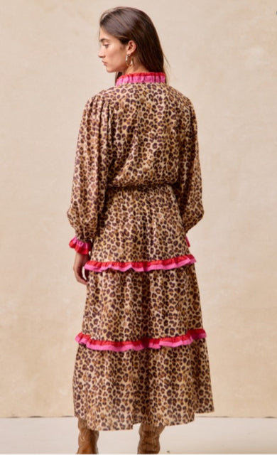 New BIBI Leopard Pink Trim Size Small Long Sleeve Dress