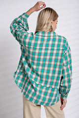 New EASEL Teal plaid Tan Size S Long Sleeve Blouse